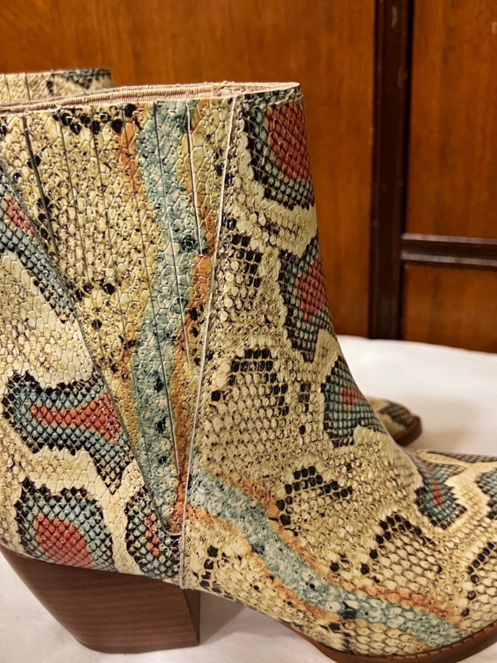 Matisse Snake-Print Ankle Boots in Cream, Red & Teal - Picture 4 of 14